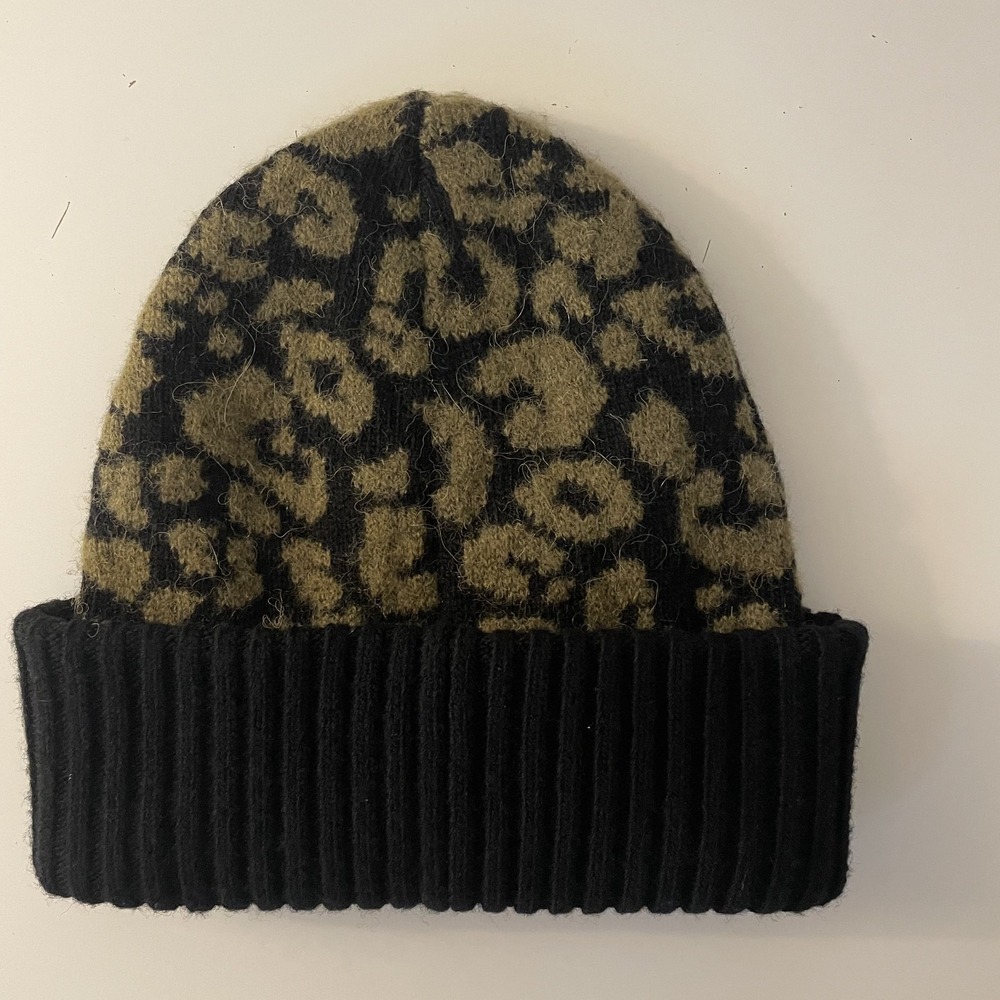 Sweaty Betty Alpaca Blend Leopard Animal Print Beanie Green Black Chunky‎ Knit